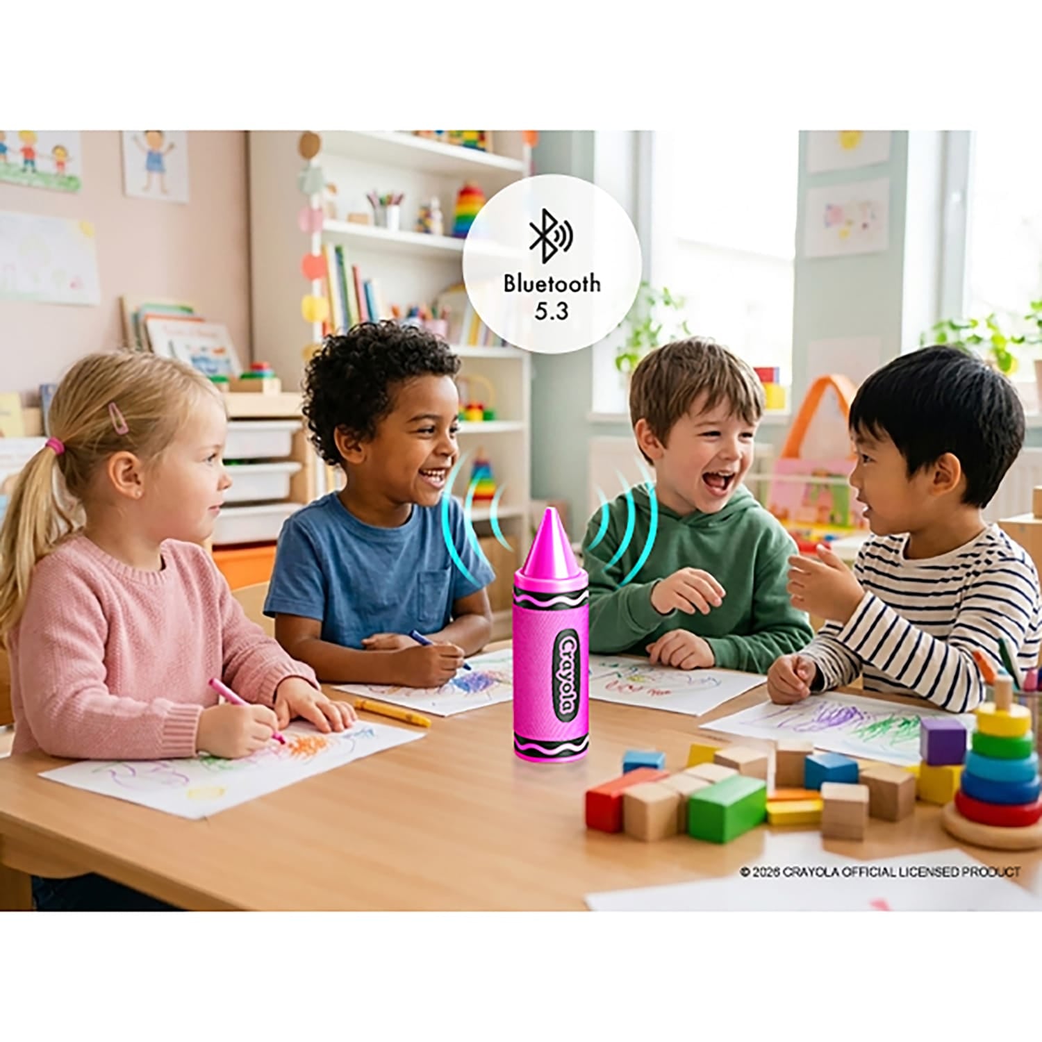 Crayola 5-Watt Portable Bluetooth Rechargeable Crayon Speaker with FM Radio, TWS, TWS, USB/microSD/Aux, up to 3 Hours of Play Time, Pink