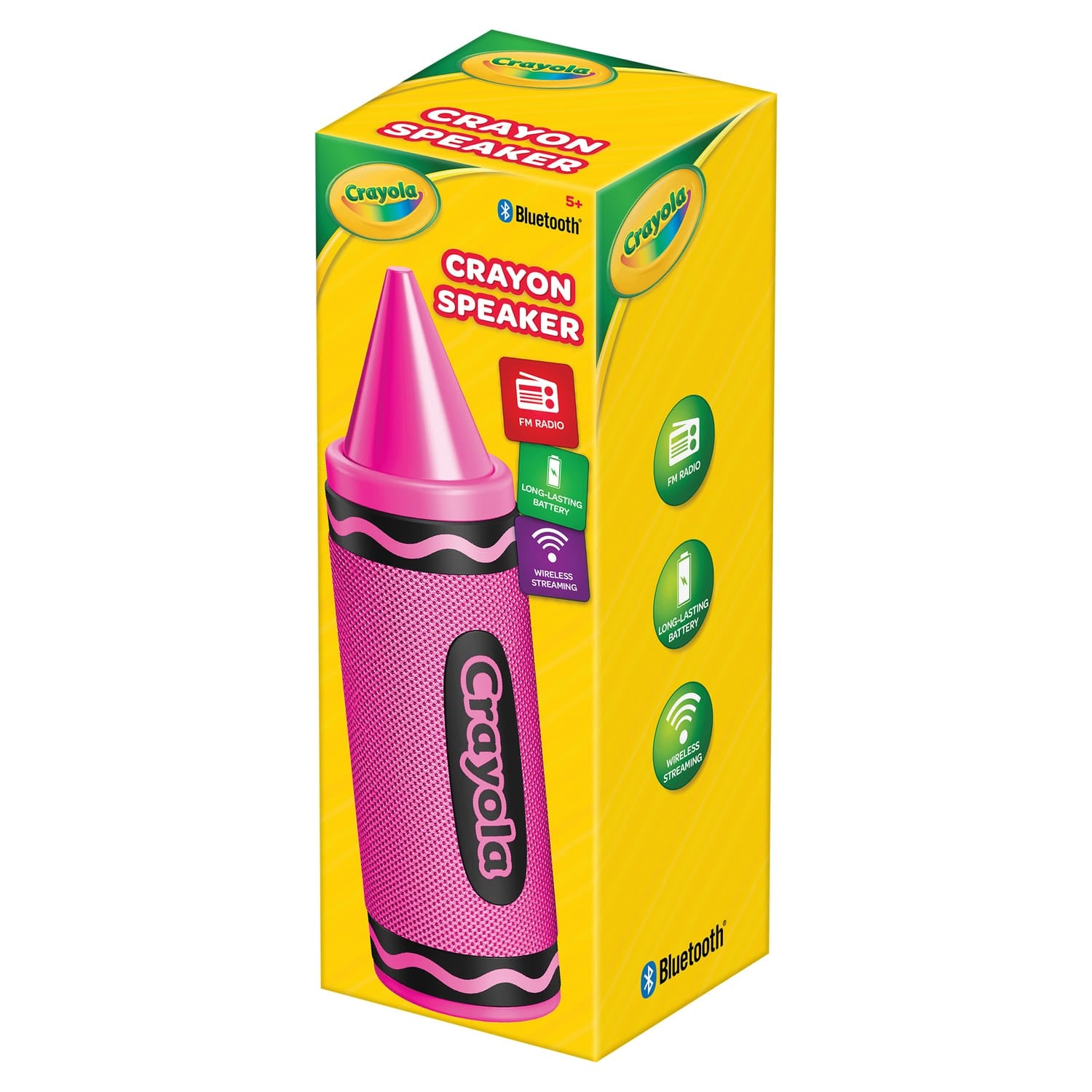 Crayola 5-Watt Portable Bluetooth Rechargeable Crayon Speaker with FM Radio, TWS, TWS, USB/microSD/Aux, up to 3 Hours of Play Time, Pink