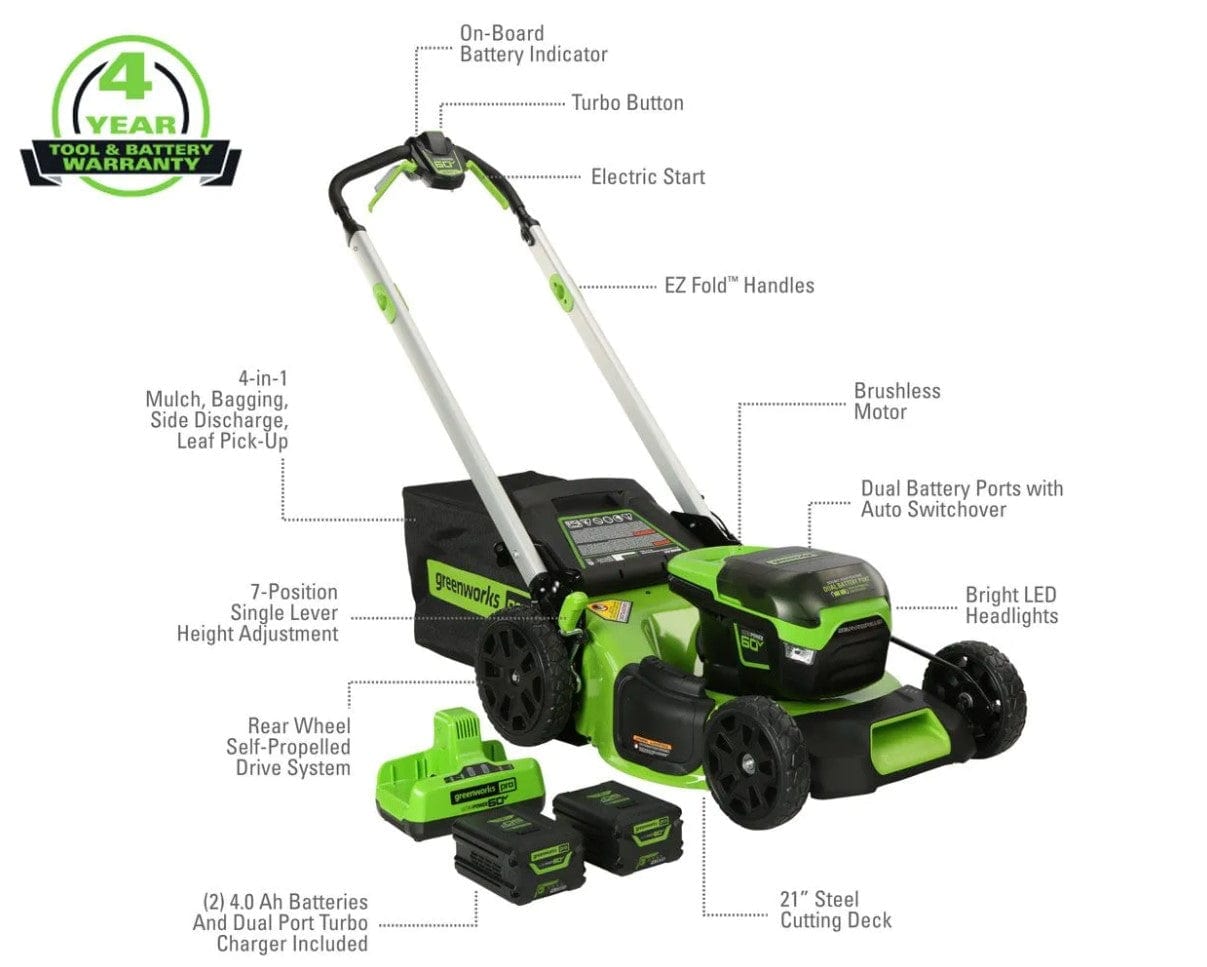 Greenworks Pro Electric Lawn Mowers MO60L424 60v Gen II with (2) 4 Ah Batteries, DP RP Charger - Certified Refurbished