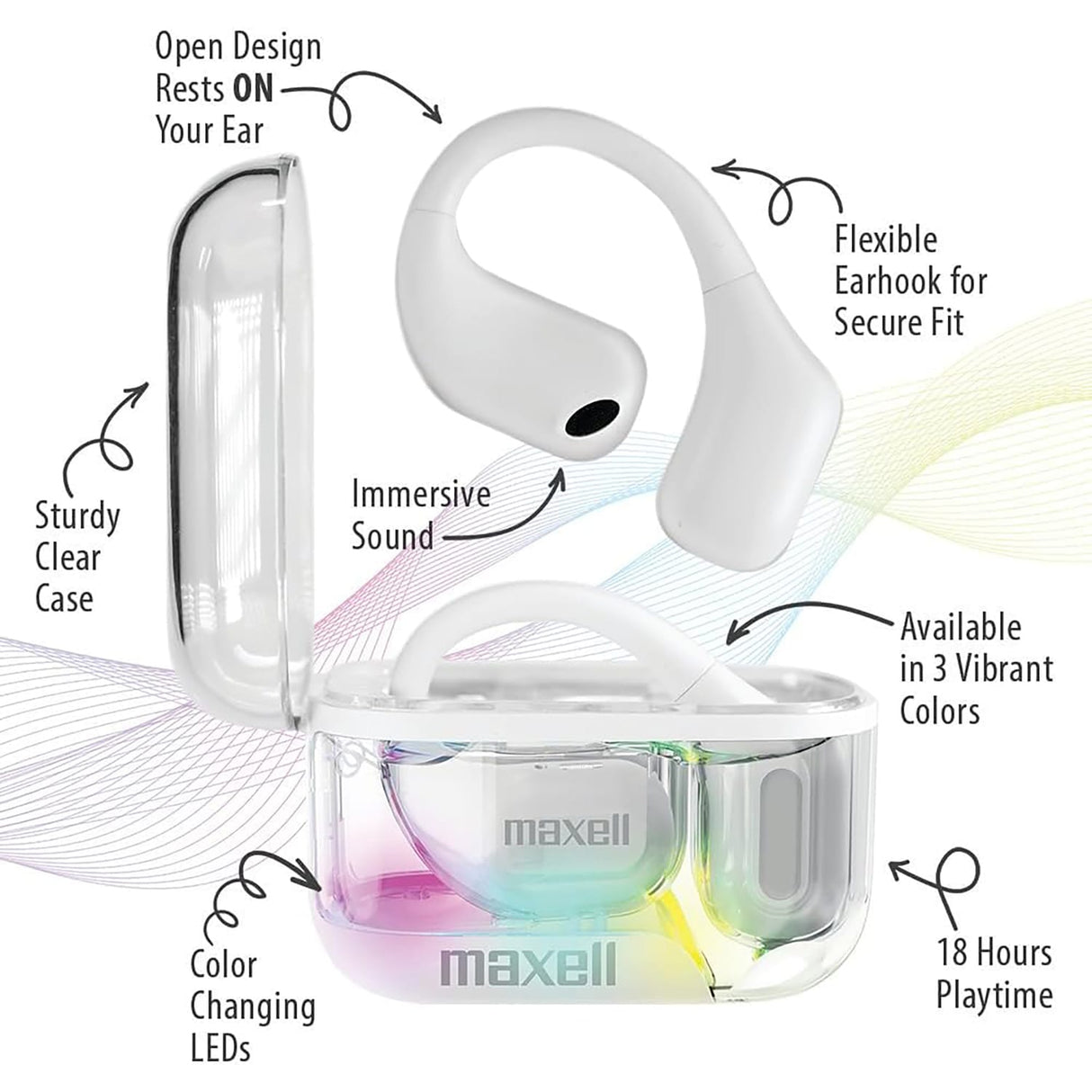 Maxell OHS Pro Bluetooth Open-Ear Earhooks with Mics and Light-up Charging Case, Secure and Comfortable Fit, up to 18 Hours of Play Time