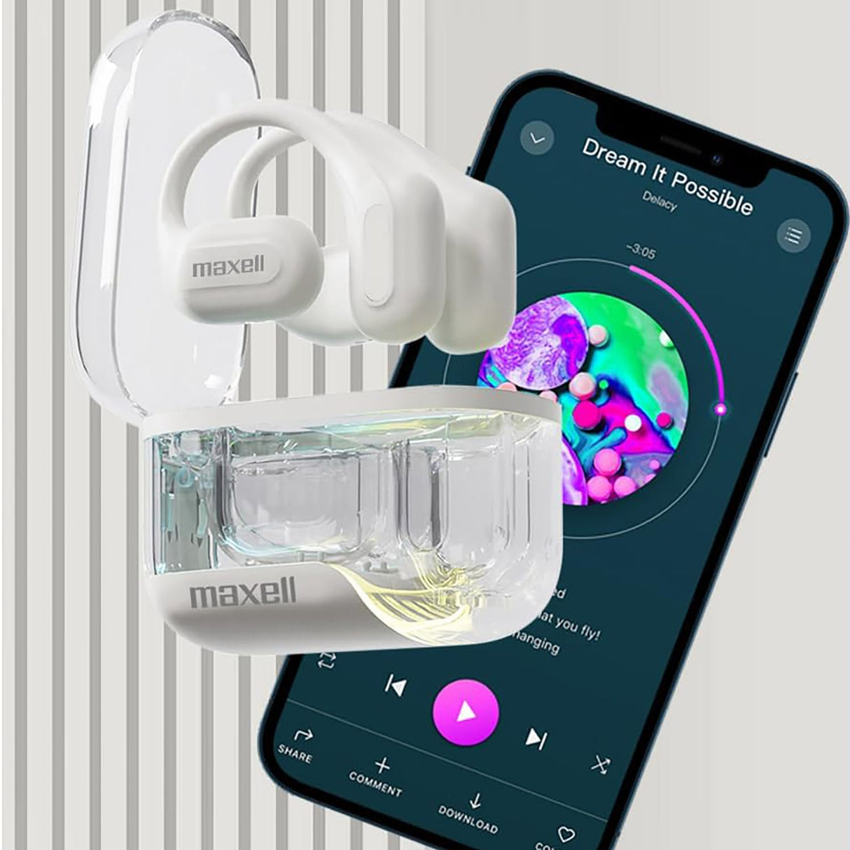 Maxell OHS Pro Bluetooth Open-Ear Earhooks with Mics and Light-up Charging Case, Secure and Comfortable Fit, up to 18 Hours of Play Time