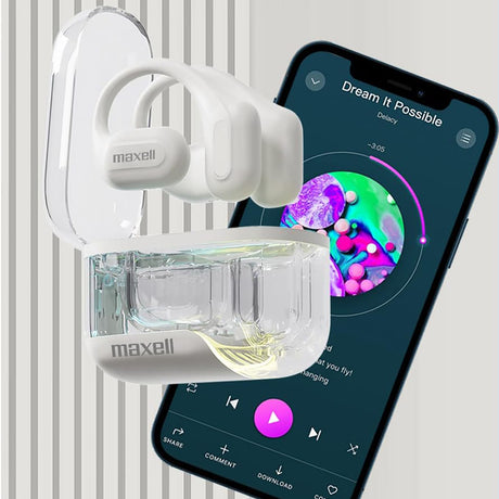 Maxell OHS Pro Bluetooth Open-Ear Earhooks with Mics and Light-up Charging Case, Secure and Comfortable Fit, up to 18 Hours of Play Time