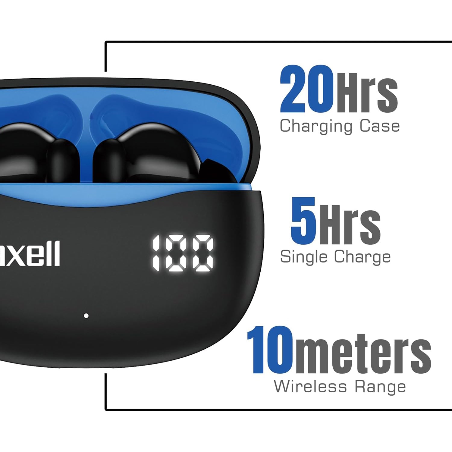 Maxell Bass 13 TWS Bluetooth In-Ear Earbuds with Mics and Charging Case, ANC, ENC, Digital Battery Life Display on Case, up to 20 Hours of Play Time