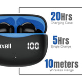 Maxell Bass 13 TWS Bluetooth In-Ear Earbuds with Mics and Charging Case, ANC, ENC, Digital Battery Life Display on Case, up to 20 Hours of Play Time