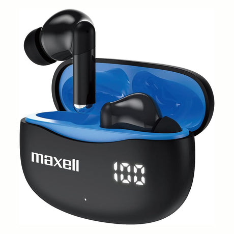 Maxell Bass 13 TWS Bluetooth In-Ear Earbuds with Mics and Charging Case, ANC, ENC, Digital Battery Life Display on Case, up to 20 Hours of Play Time