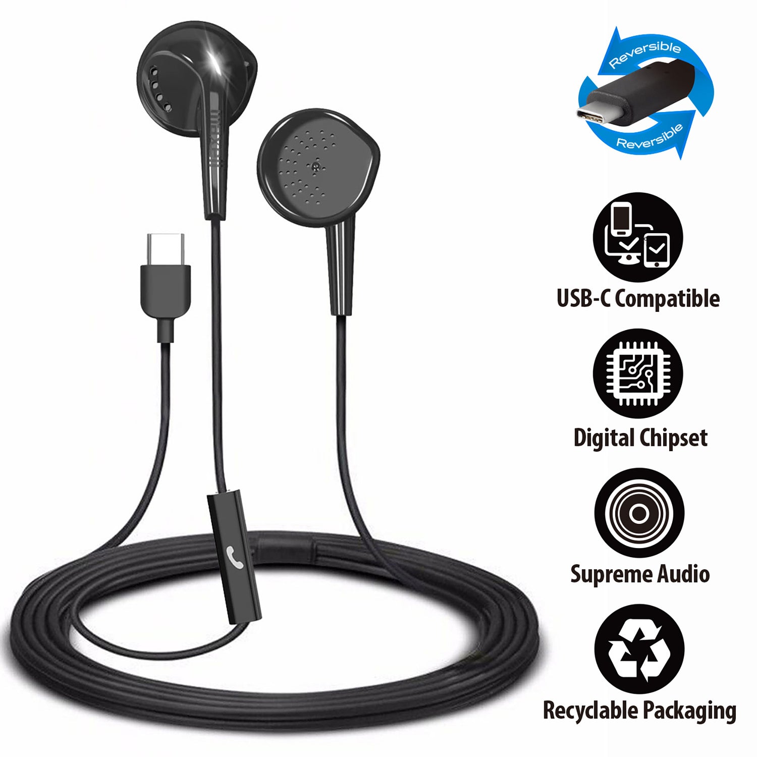 Maxell EB-96 Wired In-Ear Earbuds with In-Line Mic/Remote and USB-C Connector