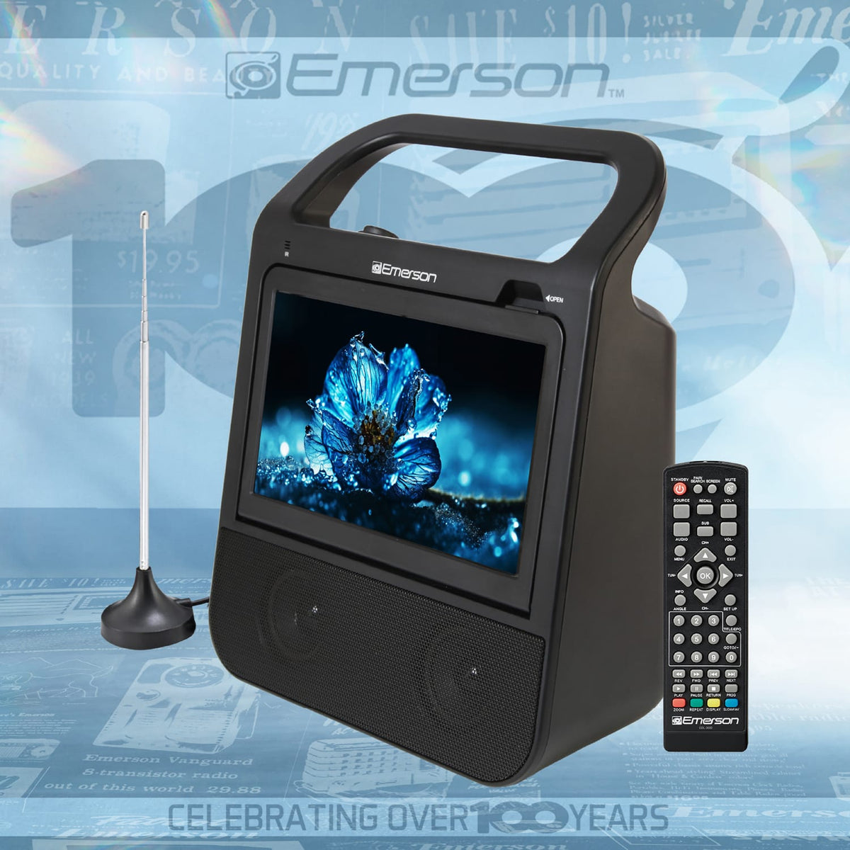 Emerson Combo 10-In. Portable TV and Bluetooth In/Out DVD/CD/USB/FM Radio Boom Box System, HDMI Input, Mic Input, and Remote, EDL-3000