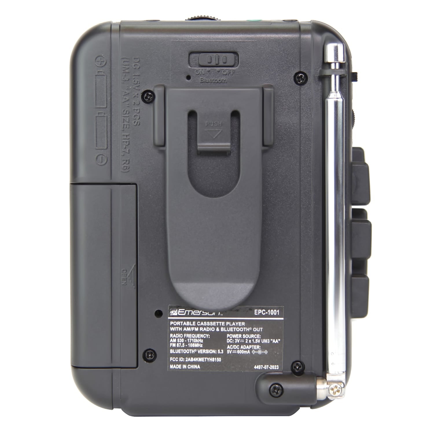 Emerson Portable Cassette Player with AM/FM Radio, Earbuds, and Bluetooth Out, Gray, EPC-1001