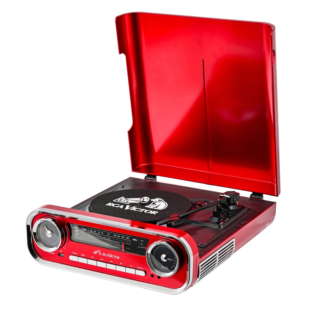 RCA Victor 3-Watt Woodward 3-Speed Belt-Drive Manual 7-in-1 Turntable Music Center with Bluetooth, USB Encode/Playback, FM Radio, Aux, AudioStream