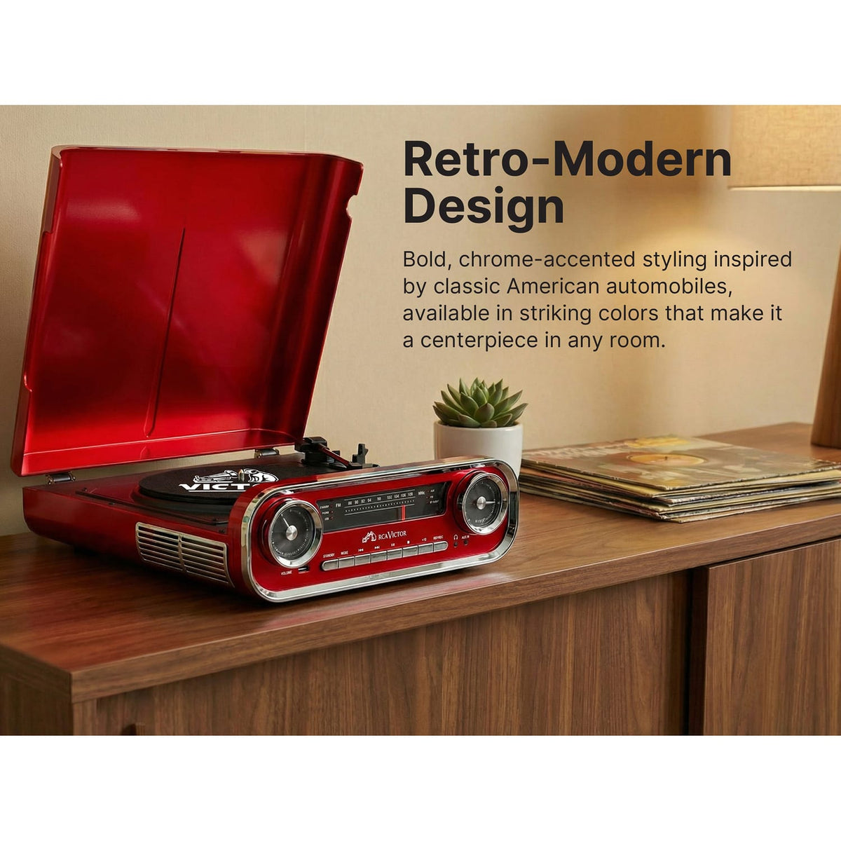 RCA Victor 3-Watt Woodward 3-Speed Belt-Drive Manual 7-in-1 Turntable Music Center with Bluetooth, USB Encode/Playback, FM Radio, Aux, AudioStream