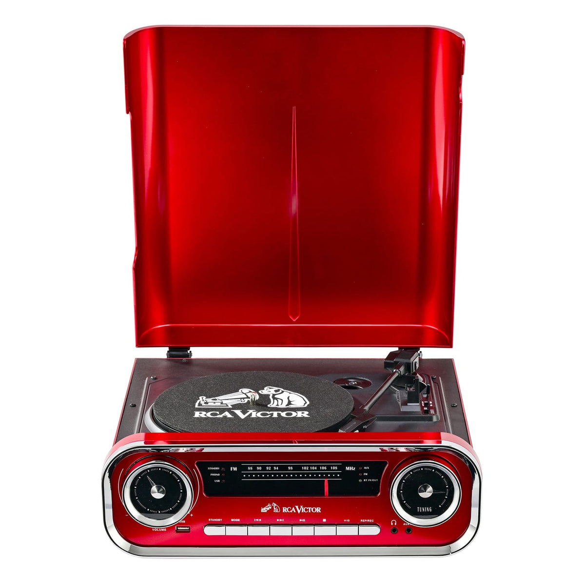 RCA Victor 3-Watt Woodward 3-Speed Belt-Drive Manual 7-in-1 Turntable Music Center with Bluetooth, USB Encode/Playback, FM Radio, Aux, AudioStream