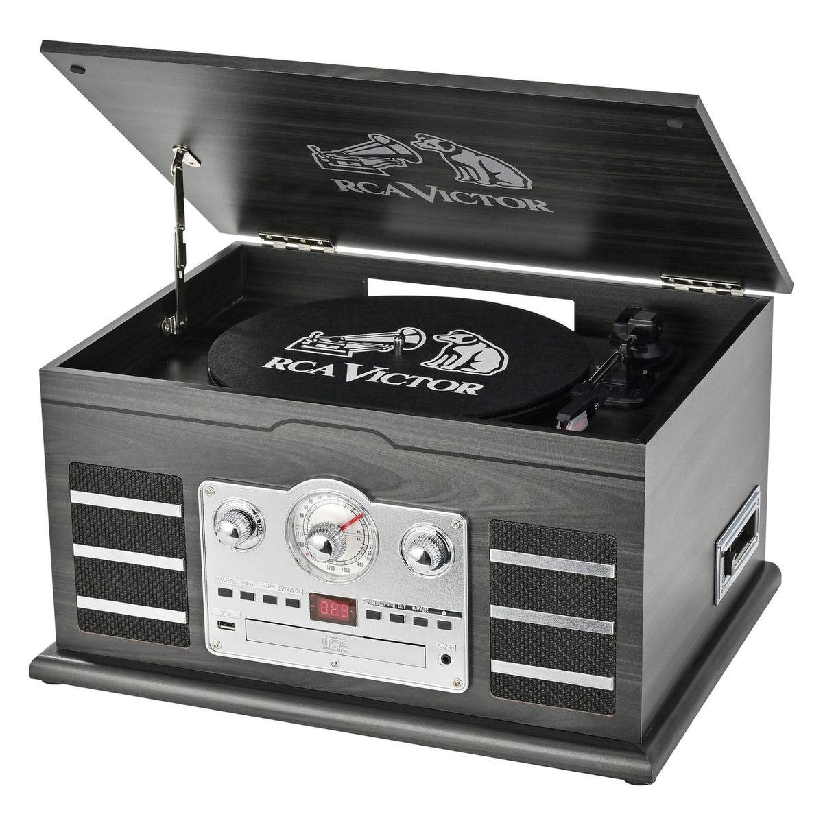 RCA Victor 10-Watt Roxbury 3-Speed Belt-Drive Manual 8-in-1 Turntable Music Center, Bluetooth, CD/Cassette/AM FM/USB/Aux, AudioStream, Graphite