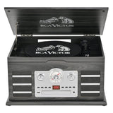 RCA Victor 10-Watt Roxbury 3-Speed Belt-Drive Manual 8-in-1 Turntable Music Center, Bluetooth, CD/Cassette/AM FM/USB/Aux, AudioStream, Graphite