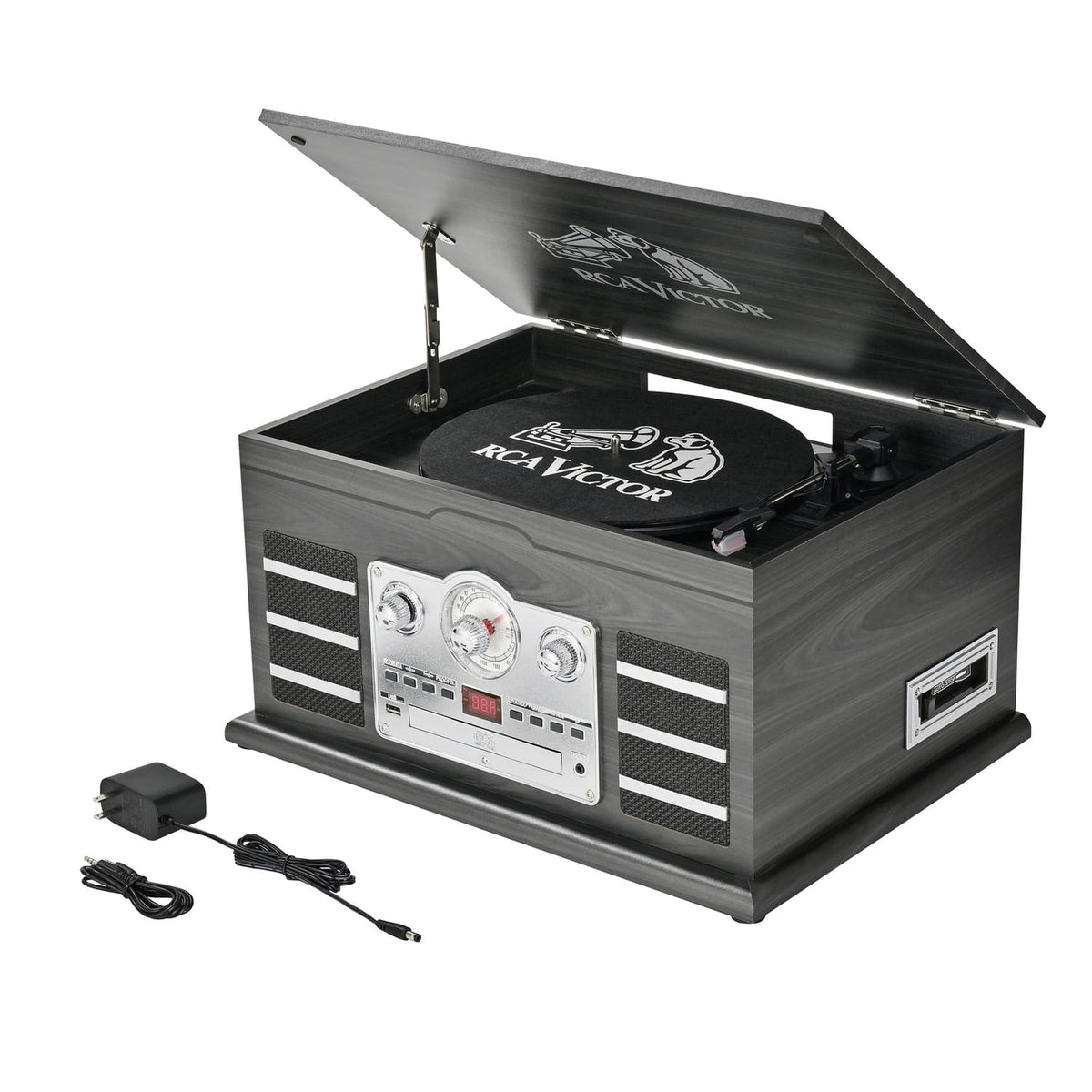 RCA Victor 10-Watt Roxbury 3-Speed Belt-Drive Manual 8-in-1 Turntable Music Center, Bluetooth, CD/Cassette/AM FM/USB/Aux, AudioStream, Graphite