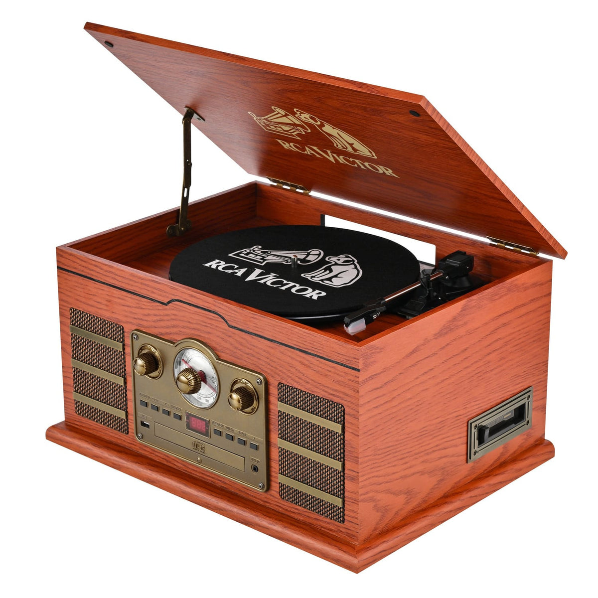 RCA Victor 10-Watt Roxbury 3-Speed Belt-Drive Manual 8-in-1 Turntable Music Center, Bluetooth, CD/Cassette/AM FM/USB/Aux, AudioStream, Mahogany