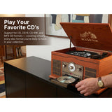 RCA Victor 10-Watt Roxbury 3-Speed Belt-Drive Manual 8-in-1 Turntable Music Center, Bluetooth, CD/Cassette/AM FM/USB/Aux, AudioStream, Mahogany