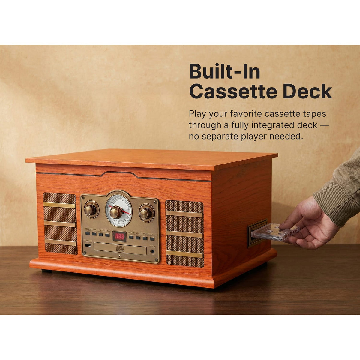 RCA Victor 10-Watt Roxbury 3-Speed Belt-Drive Manual 8-in-1 Turntable Music Center, Bluetooth, CD/Cassette/AM FM/USB/Aux, AudioStream, Mahogany