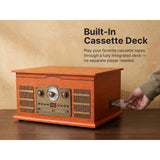 RCA Victor 10-Watt Roxbury 3-Speed Belt-Drive Manual 8-in-1 Turntable Music Center, Bluetooth, CD/Cassette/AM FM/USB/Aux, AudioStream, Mahogany