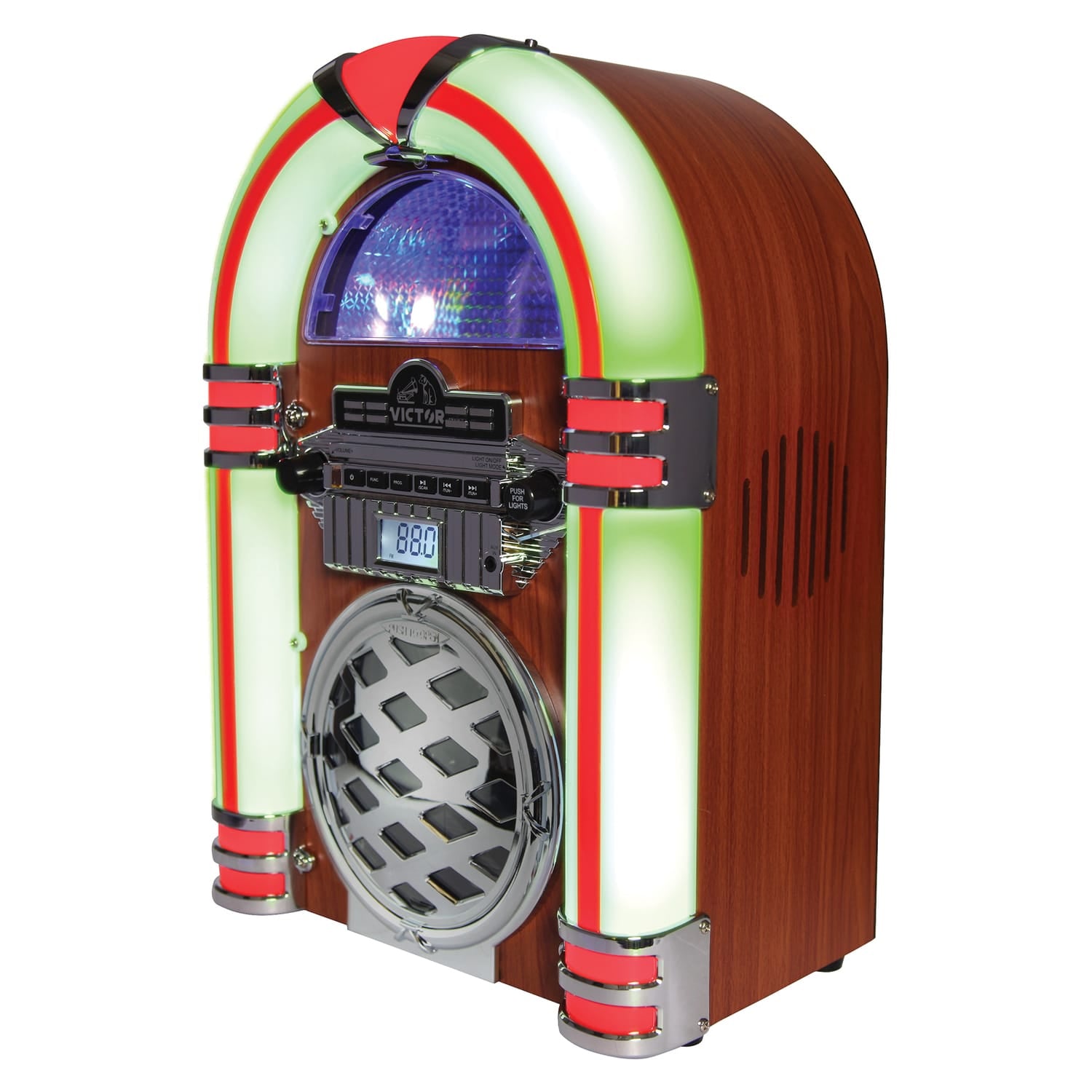 Victor 5-Watt Wilshire Desktop Bluetooth Home Jukebox with Built-in Speaker, LED Lights, FM Radio, and Aux, VDTJ-1450-MH