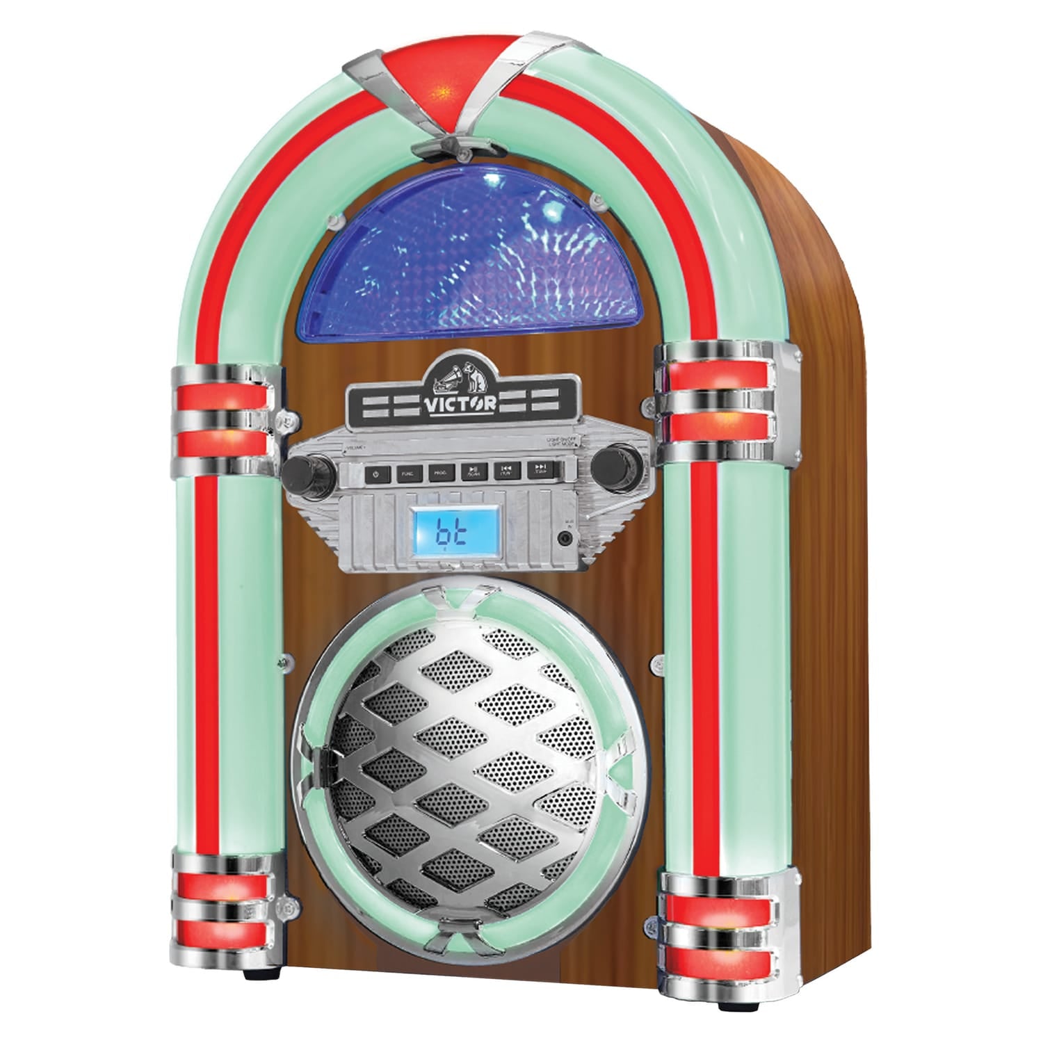 Victor 5-Watt Wilshire Desktop Bluetooth Home Jukebox with Built-in Speaker, LED Lights, FM Radio, and Aux, VDTJ-1450-MH