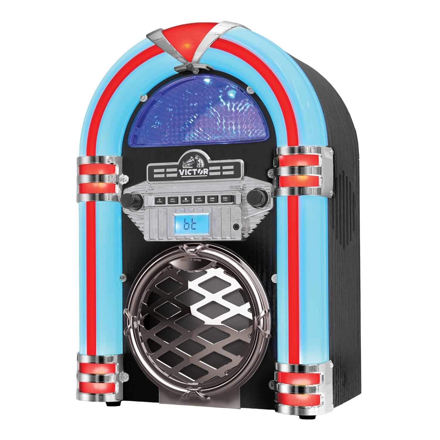 Victor 10-Watt Broadway Desktop Bluetooth Home Jukebox with Built-in Speakers, LED Lights, CD Player, FM Radio, and Aux, VDTJ-1550-BK