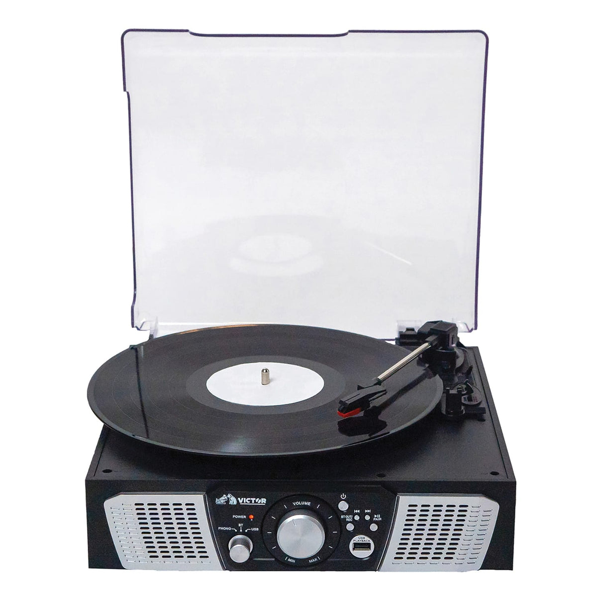 Victor 2-Watt Lakeshore 3-Speed Belt-Drive Manual Retro Turntable with Built-in Speakers, Bluetooth In/Out, USB/Aux, and 45 RPM Adapter, VHRP-1100