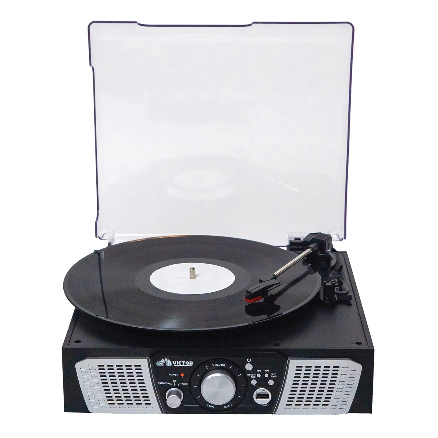 Victor 2-Watt Lakeshore 3-Speed Belt-Drive Manual Retro Turntable with Built-in Speakers, Bluetooth In/Out, USB/Aux, and 45 RPM Adapter, VHRP-1100