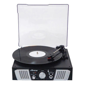 Victor 2-Watt Lakeshore 3-Speed Belt-Drive Manual Retro Turntable with Built-in Speakers, Bluetooth In/Out, USB/Aux, and 45 RPM Adapter, VHRP-1100