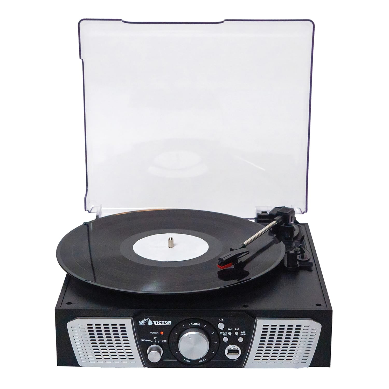 Victor 2-Watt Lakeshore 3-Speed Belt-Drive Manual Retro Turntable with Built-in Speakers, Bluetooth In/Out, USB/Aux, and 45 RPM Adapter, VHRP-1100