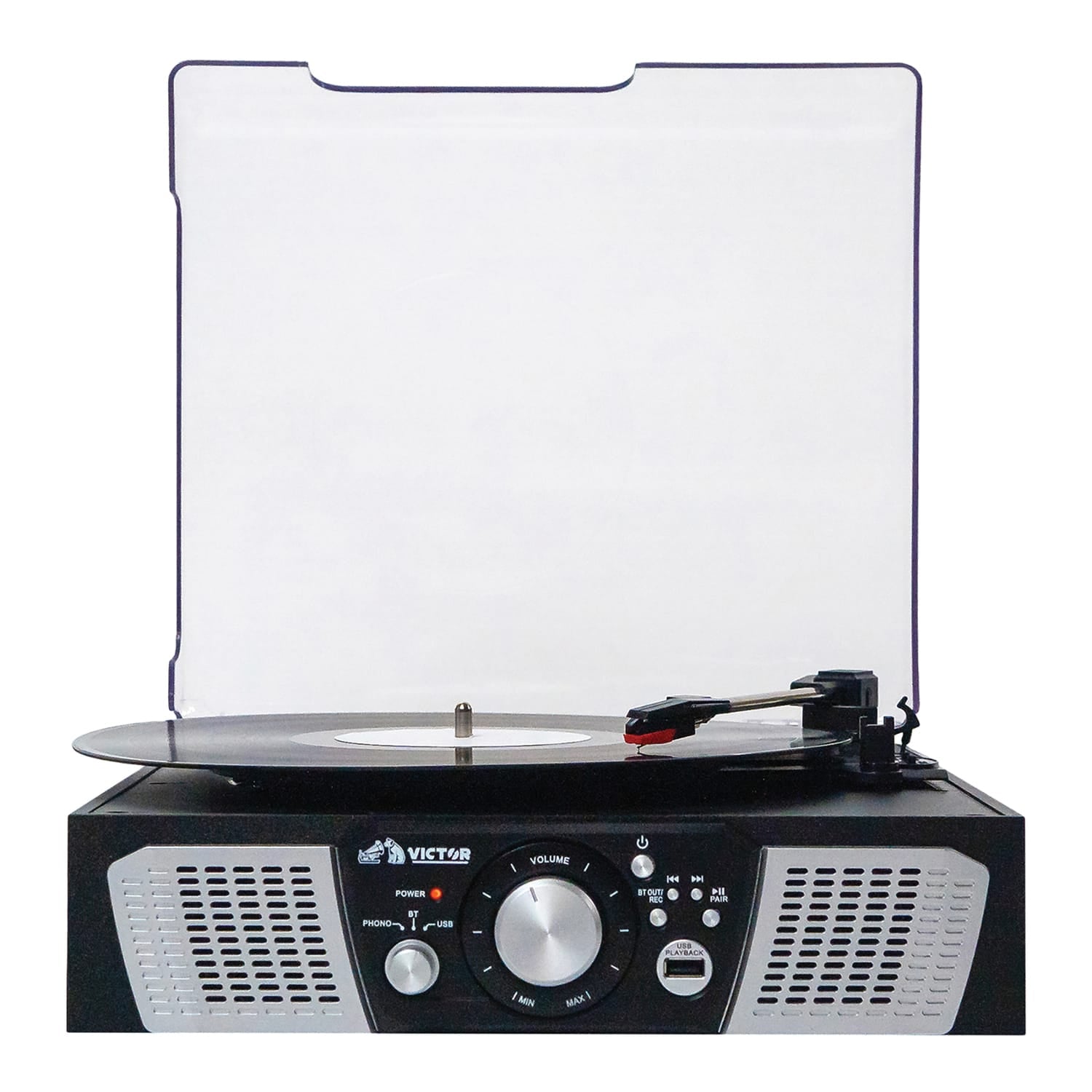 Victor 2-Watt Lakeshore 3-Speed Belt-Drive Manual Retro Turntable with Built-in Speakers, Bluetooth In/Out, USB/Aux, and 45 RPM Adapter, VHRP-1100