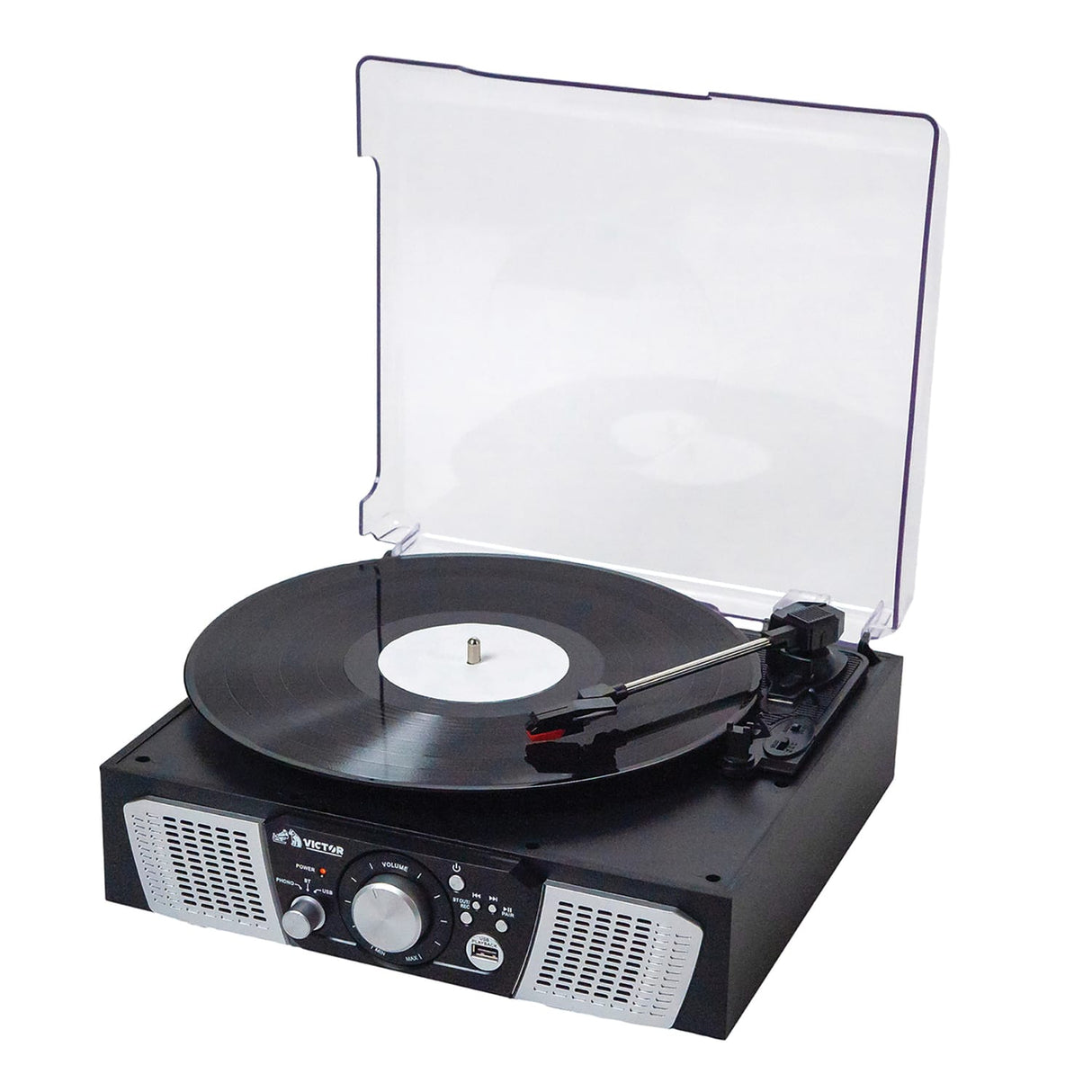 Victor 2-Watt Lakeshore 3-Speed Belt-Drive Manual Retro Turntable with Built-in Speakers, Bluetooth In/Out, USB/Aux, and 45 RPM Adapter, VHRP-1100