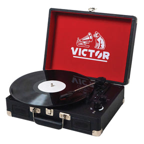 Victor 2-Watt Metro 3-Speed Belt-Drive Manual Suitcase Turntable with Built-in Speakers, Bluetooth In/Out, Aux In, and 45-RPM Adapter, Black