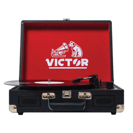 Victor 2-Watt Metro 3-Speed Belt-Drive Manual Suitcase Turntable with Built-in Speakers, Bluetooth In/Out, Aux In, and 45-RPM Adapter, Black
