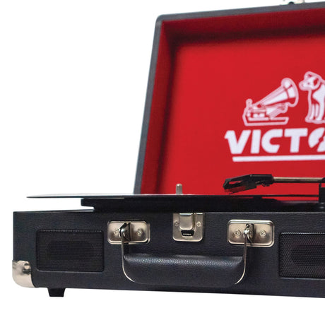 Victor 2-Watt Metro 3-Speed Belt-Drive Manual Suitcase Turntable with Built-in Speakers, Bluetooth In/Out, Aux In, and 45-RPM Adapter, Black