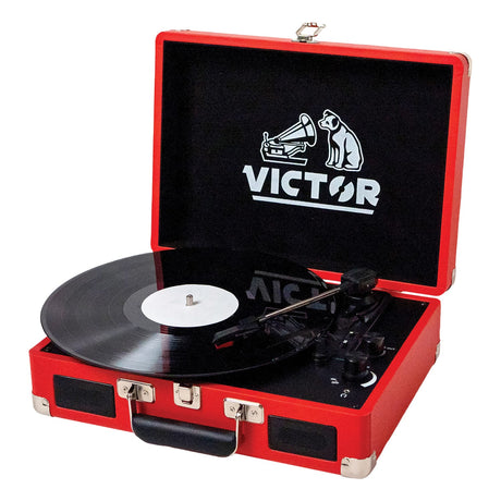 Victor 2-Watt Metro 3-Speed Belt-Drive Manual Suitcase Turntable with Built-in Speakers, Bluetooth In/Out, Aux In, and 45-RPM Adapter, Red