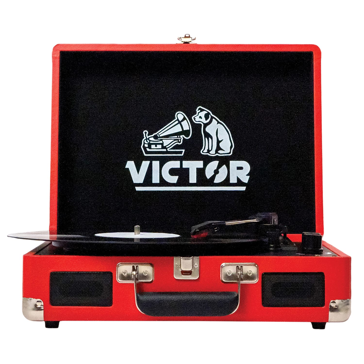 Victor 2-Watt Metro 3-Speed Belt-Drive Manual Suitcase Turntable with Built-in Speakers, Bluetooth In/Out, Aux In, and 45-RPM Adapter, Red