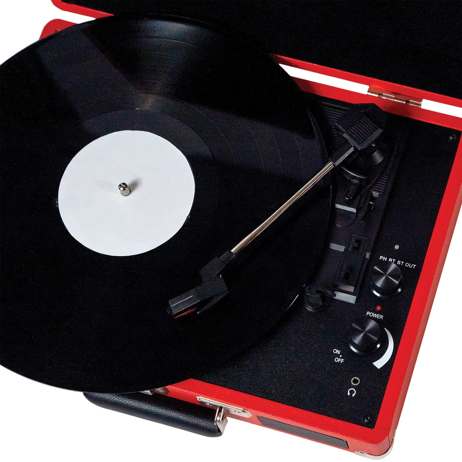 Victor 2-Watt Metro 3-Speed Belt-Drive Manual Suitcase Turntable with Built-in Speakers, Bluetooth In/Out, Aux In, and 45-RPM Adapter, Red