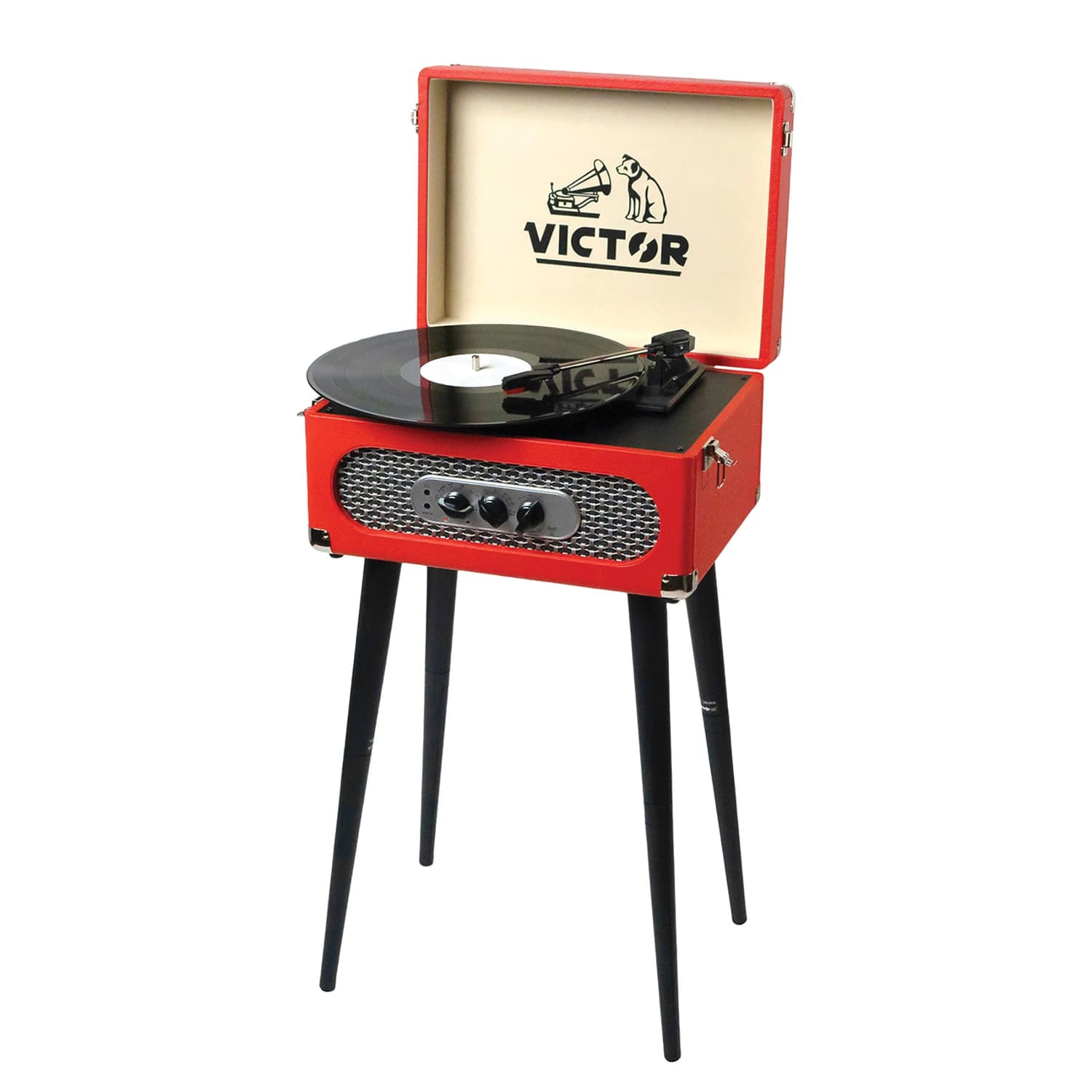 Victor 6-Watt Andover 3-Speed Belt-Drive Manual Suitcase Turntable with Built-in Speakers, Bluetooth In/Out, FM, 45 Adapter, and Legs, Red