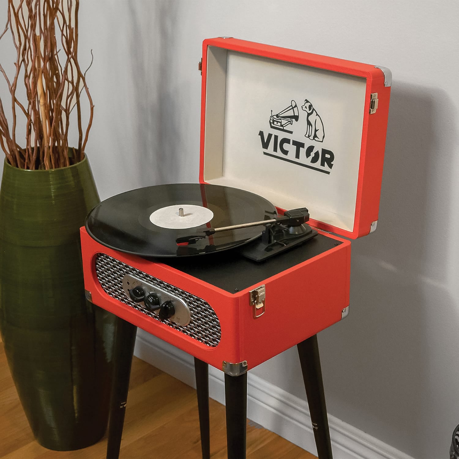 Victor 6-Watt Andover 3-Speed Belt-Drive Manual Suitcase Turntable with Built-in Speakers, Bluetooth In/Out, FM, 45 Adapter, and Legs, Red
