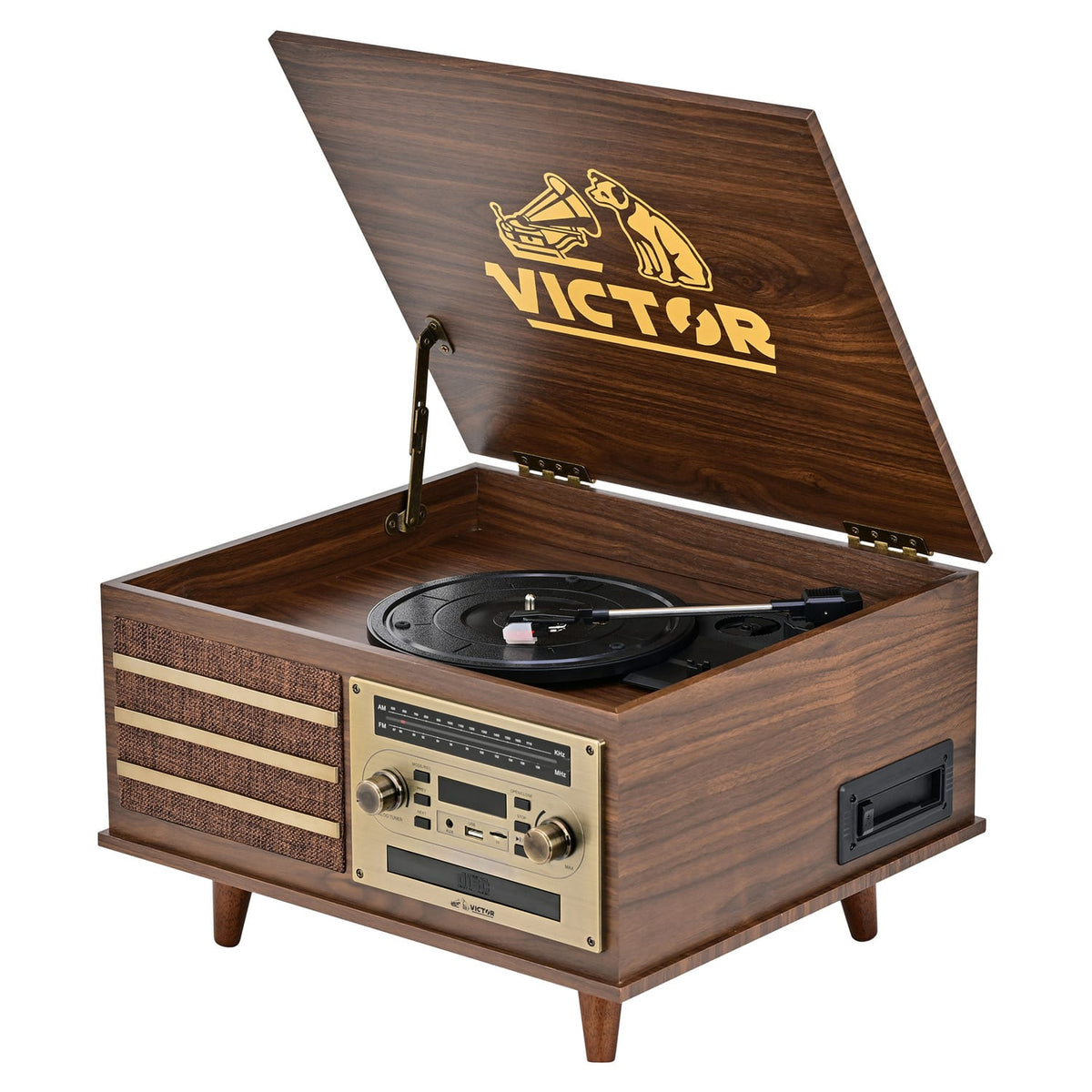 Victor 10-Watt Monroe 3-Speed Belt-Drive Manual 8-in-1 Turntable Music Center with Bluetooth In/Out, CD/Cassette/AM FM/USB/SD/Aux, 45 RPM Adapter