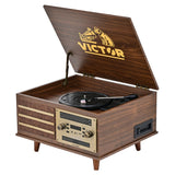 Victor 10-Watt Monroe 3-Speed Belt-Drive Manual 8-in-1 Turntable Music Center with Bluetooth In/Out, CD/Cassette/AM FM/USB/SD/Aux, 45 RPM Adapter
