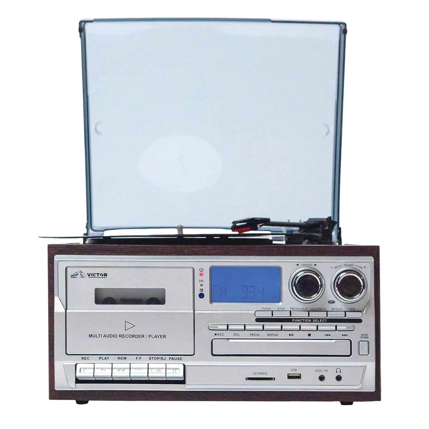 Victor 10-Watt Cosmopolitan 3-Speed Belt-Drive Manual Turntable with Built-in Speakers, Bluetooth In/Out, CD/Cassette Players, AM/FM, and 45 Adapter