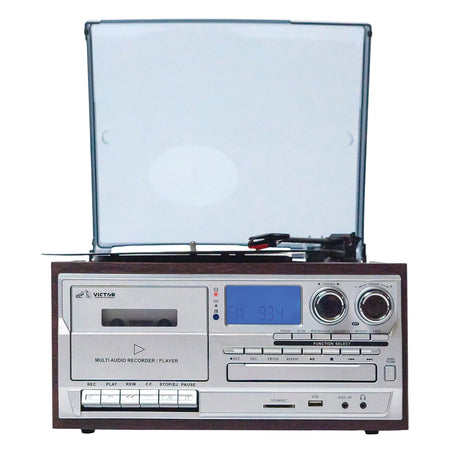 Victor 10-Watt Cosmopolitan 3-Speed Belt-Drive Manual Turntable with Built-in Speakers, Bluetooth In/Out, CD/Cassette Players, AM/FM, and 45 Adapter