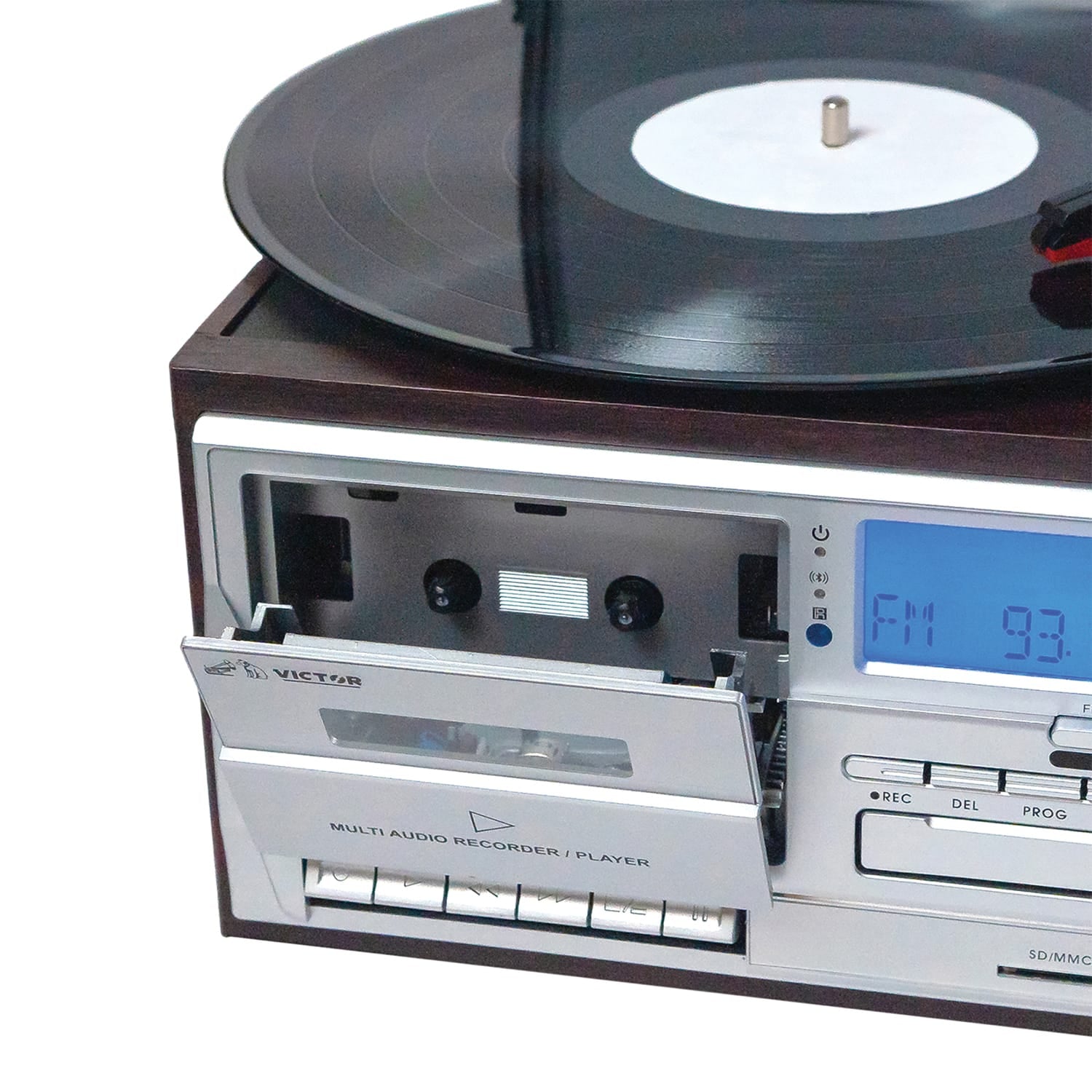 Victor 10-Watt Cosmopolitan 3-Speed Belt-Drive Manual Turntable with Built-in Speakers, Bluetooth In/Out, CD/Cassette Players, AM/FM, and 45 Adapter