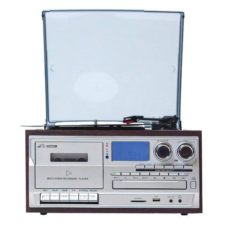 Victor 10-Watt Cosmopolitan 3-Speed Belt-Drive Manual Turntable with Built-in Speakers, Bluetooth In/Out, CD/Cassette Players, AM/FM, and 45 Adapter