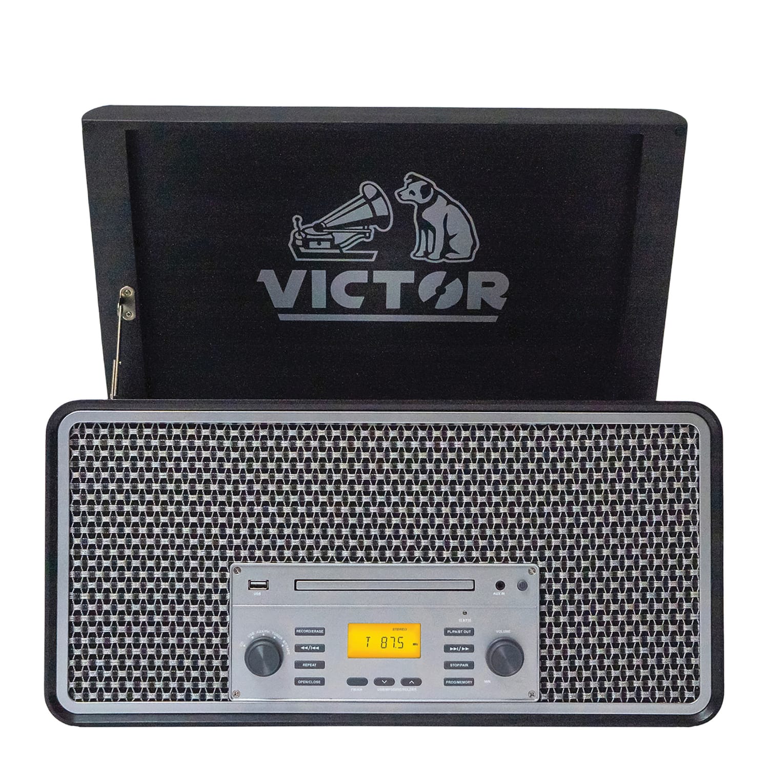 Victor 4-Watt Monument 3-Speed Belt-Drive Manual Turntable with Built-in Speakers, Bluetooth In/Out, CD/Cassette Players, AM/FM, and 45 Adapter