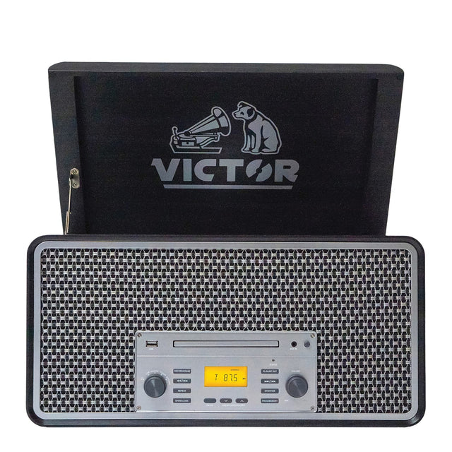 Victor 4-Watt Monument 3-Speed Belt-Drive Manual Turntable with Built-in Speakers, Bluetooth In/Out, CD/Cassette Players, AM/FM, and 45 Adapter