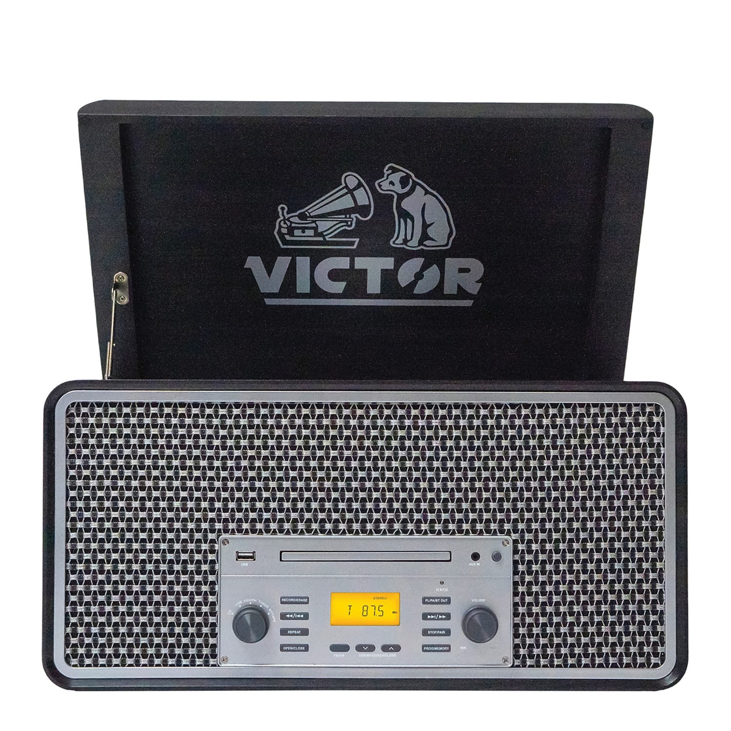 Victor 4-Watt Monument 3-Speed Belt-Drive Manual Turntable with Built-in Speakers, Bluetooth In/Out, CD/Cassette Players, AM/FM, and 45 Adapter