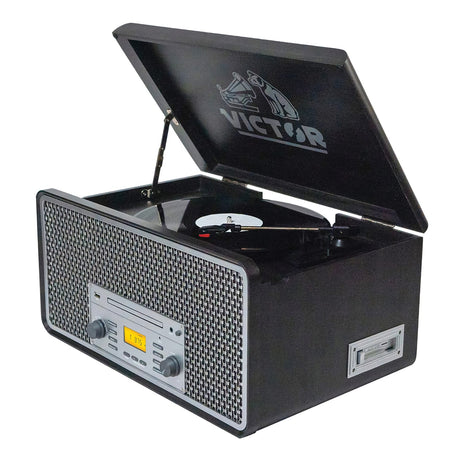 Victor 4-Watt Monument 3-Speed Belt-Drive Manual Turntable with Built-in Speakers, Bluetooth In/Out, CD/Cassette Players, AM/FM, and 45 Adapter