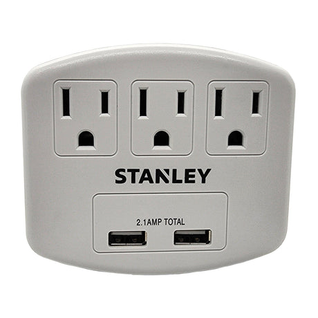 Stanley PlugMax Grounded Wall Tap, 3 Outlets and 2 USB-A Ports, 30407